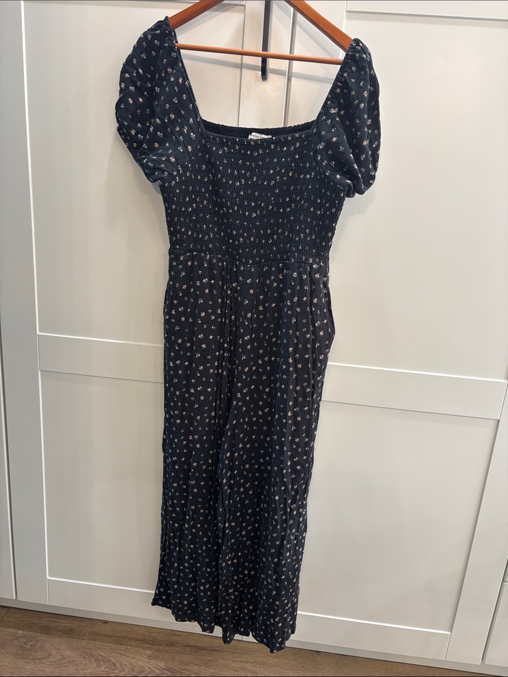 American Eagle Outfitters Black Floral Jumpsuit with Puff Sleeves